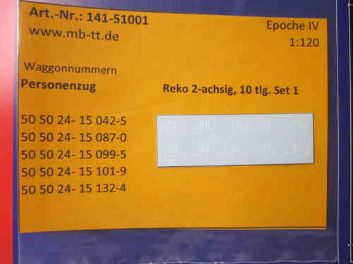 Waggonnummern 10 tlg. Reko (Baage) 2-achsig Set1, DR, Ep.IV, TT