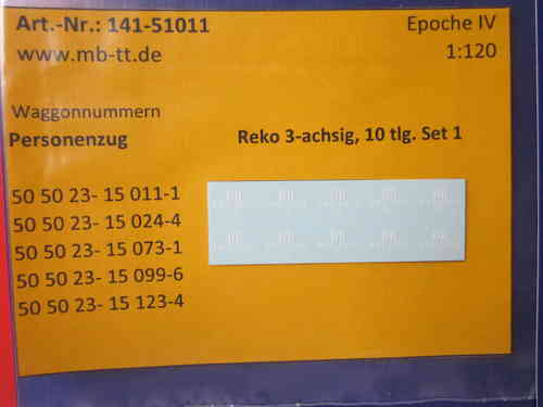 Waggonnummern 10 tlg. Reko (Bage) 3-achsig Set1, DR, Ep.IV, TT