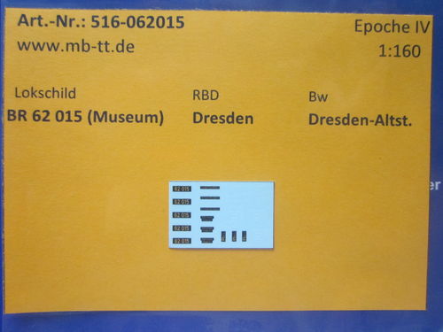 Nassschiebebilder 26-teilig für BR 62 015 (Museumslok), DR, Ep. IV, N