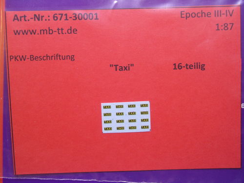 Nassschiebebilder 16-tlg., Pkw-Beschriftungen „TAXI“, DDR, Ep. III - IV, H0