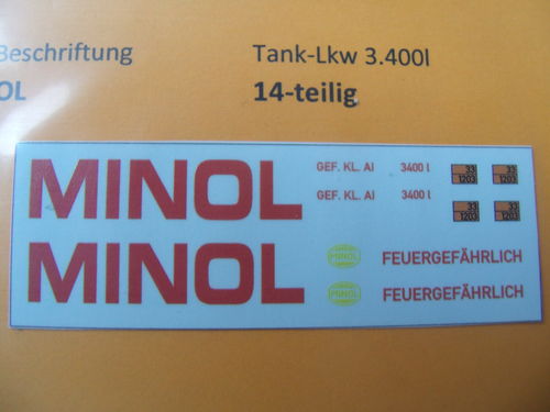 Nassschiebebilder, 14 tlg, "Minol" für Tank-Lkw 3400l, in UV-Technik, Ep. III-IV, H0