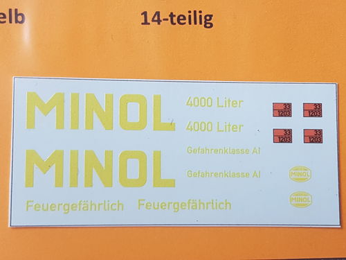 Nassschiebebilder, 14 tlg, "Minol" gelb für Lkw-Zugmaschine 4000l, in UV-Technik, Ep. III, H0