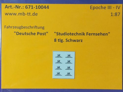 Fahrzeugdecals "Deutsche Post","Studiotechnik Fernsehen",schwarz, 8 tlg., UV-Technik, Ep. III/IV, H0