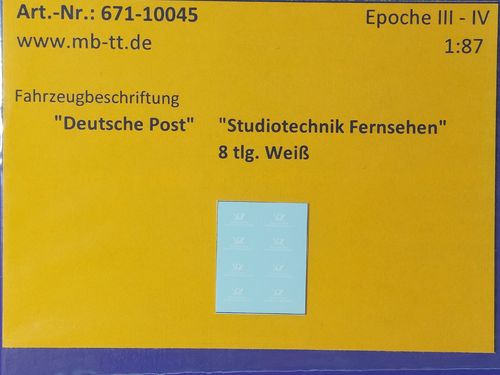 Fahrzeugdecals "Deutsche Post","Studiotechnik Fernsehen",weiß, 8 tlg., UV-Technik, Ep. III/IV, H0